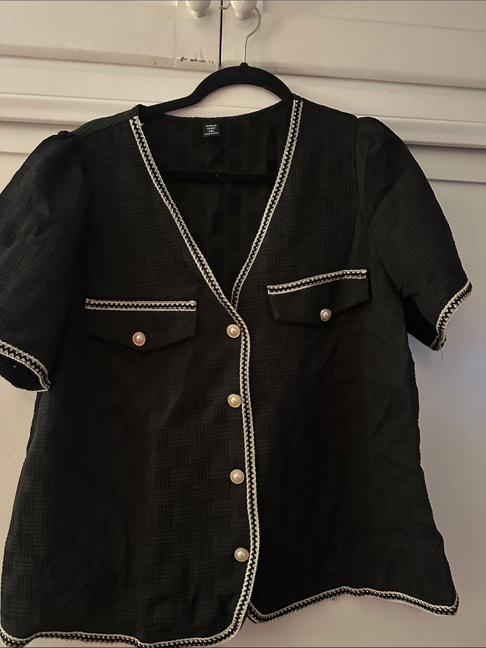 SHEIN Black Short-Sleeve Button-Front Top with White Contrast Trim